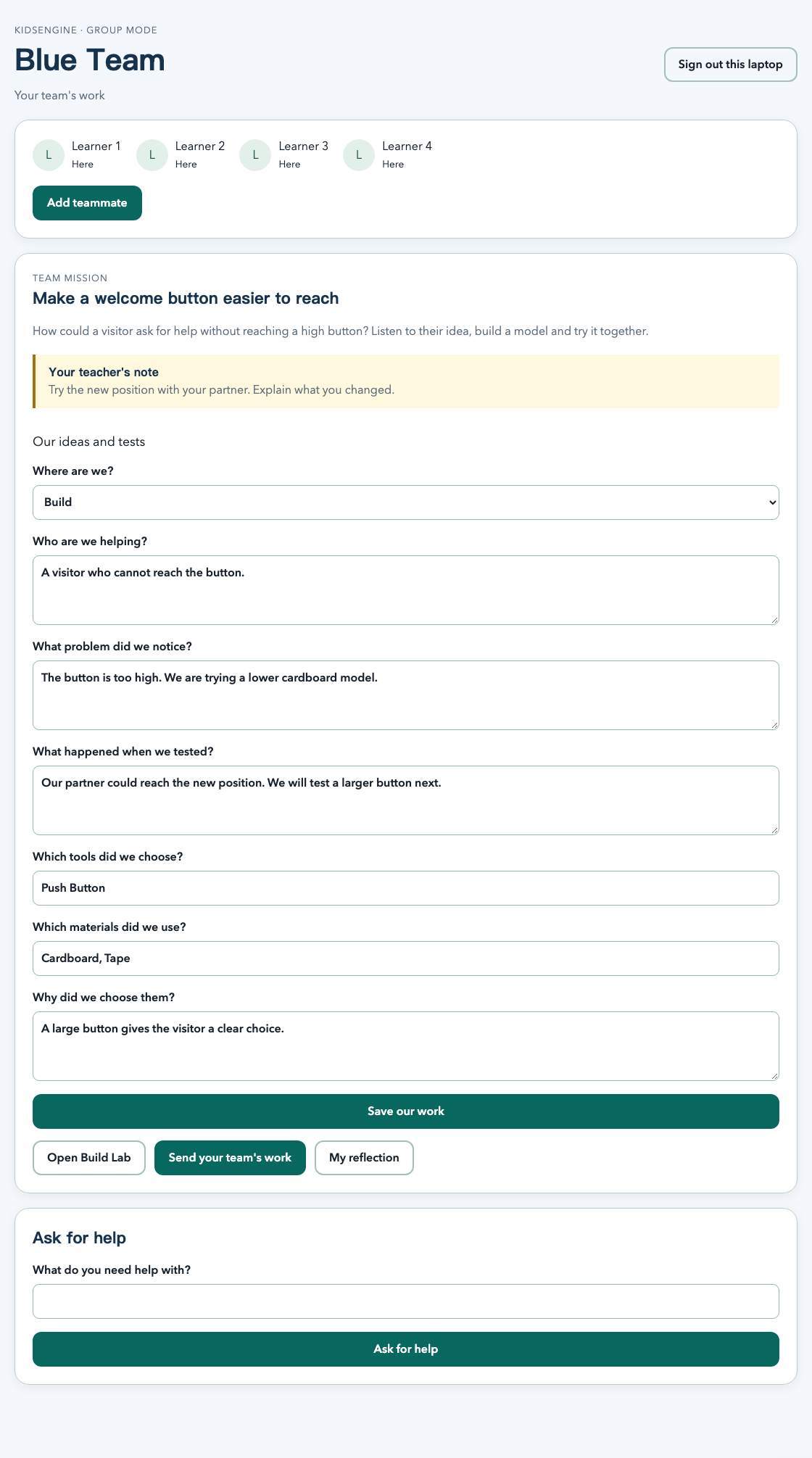 A team workspace with individual check-in, shared mission answers and teacher feedback.